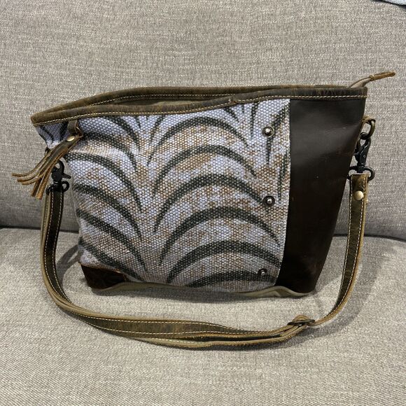 Myra Bag Messenger Cotton Leather Green Brown Blue Pockets Hand Bag Purse - Picture 1 of 9